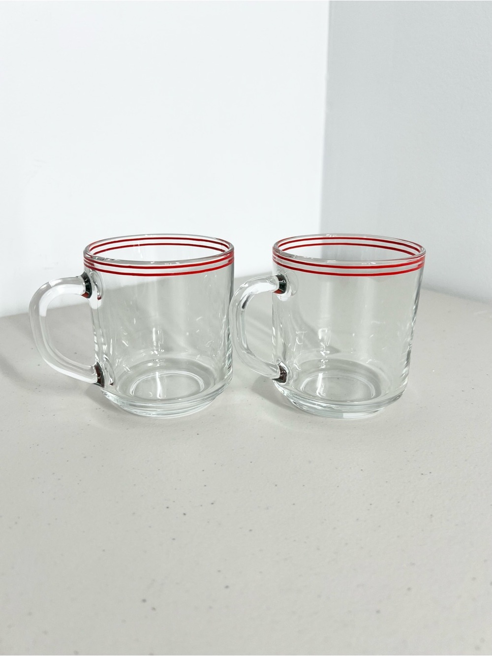 Arcoroc France Classique Clear Glass Red Pinstripes Coffee Tea Mug Set of 2